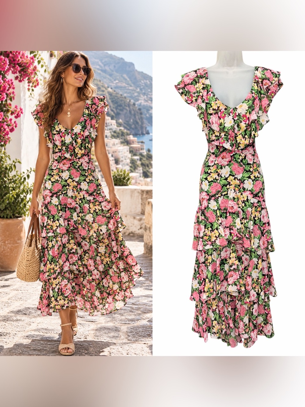 WAYF Floral Ruffle Tiered Maxi Dress Women's Small